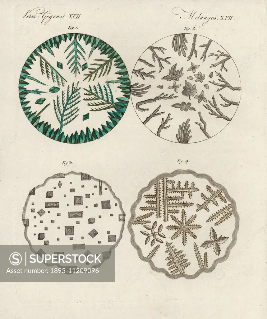 Crystals of verdigris 1, boric acid 2, common salt 3, and sal ammoniac 4 under the microscope. Handcoloured copperplate engraving from Bertuch's Bilde...