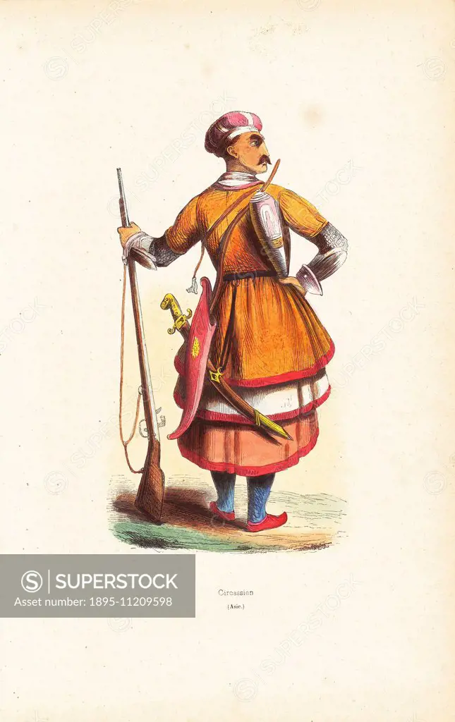 Circassian man in hat, tunic over skirts, carrying a musket, bow in case, curved sword and powder horn. Handcoloured woodcut from Auguste Wahlen's Moe...