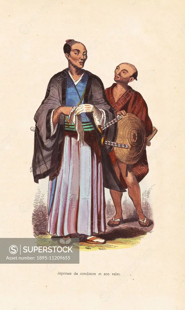 Japanese nobleman in chonmage, wearing kamishimo, kimono, hakama and gloves, with two swords on his belt. Valet with straw hat. Handcoloured woodcut b...