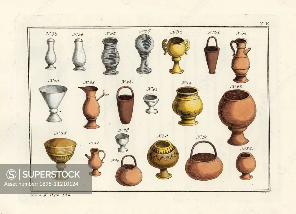 Types of Anglo Saxon vessels in silver, gold and pottery. Handcoloured copperplate engraving by Paul Weindl from Robert von Spalart's Historical Pictu...