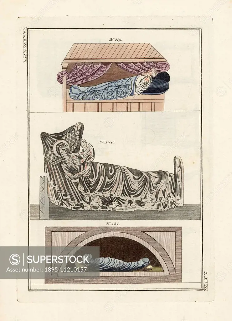 Anglo Saxon bed 119, Danish bed 120, and Anglo Saxon corpse in a shroud 121. Handcoloured copperplate engraving by Paul Weindl from Robert von Spalart...