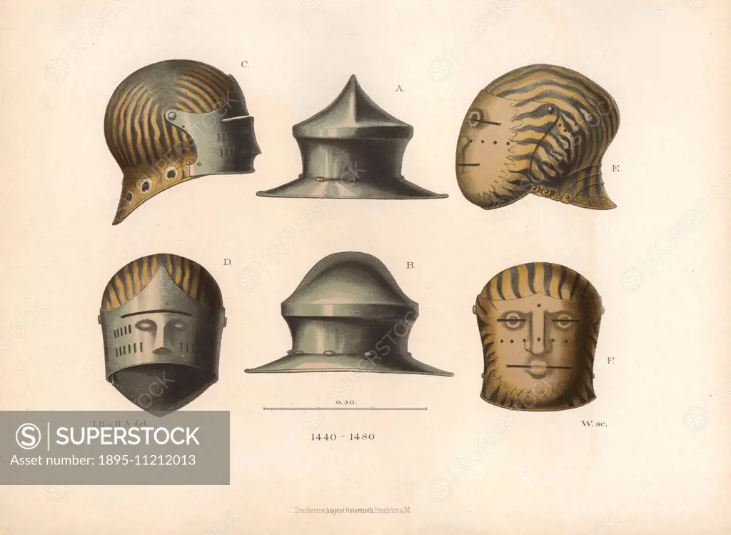 Three helmets from the late 15th century. A kettle hat in the middle, a sallet with visor at left, and a visored helmet decorated with flames at right...