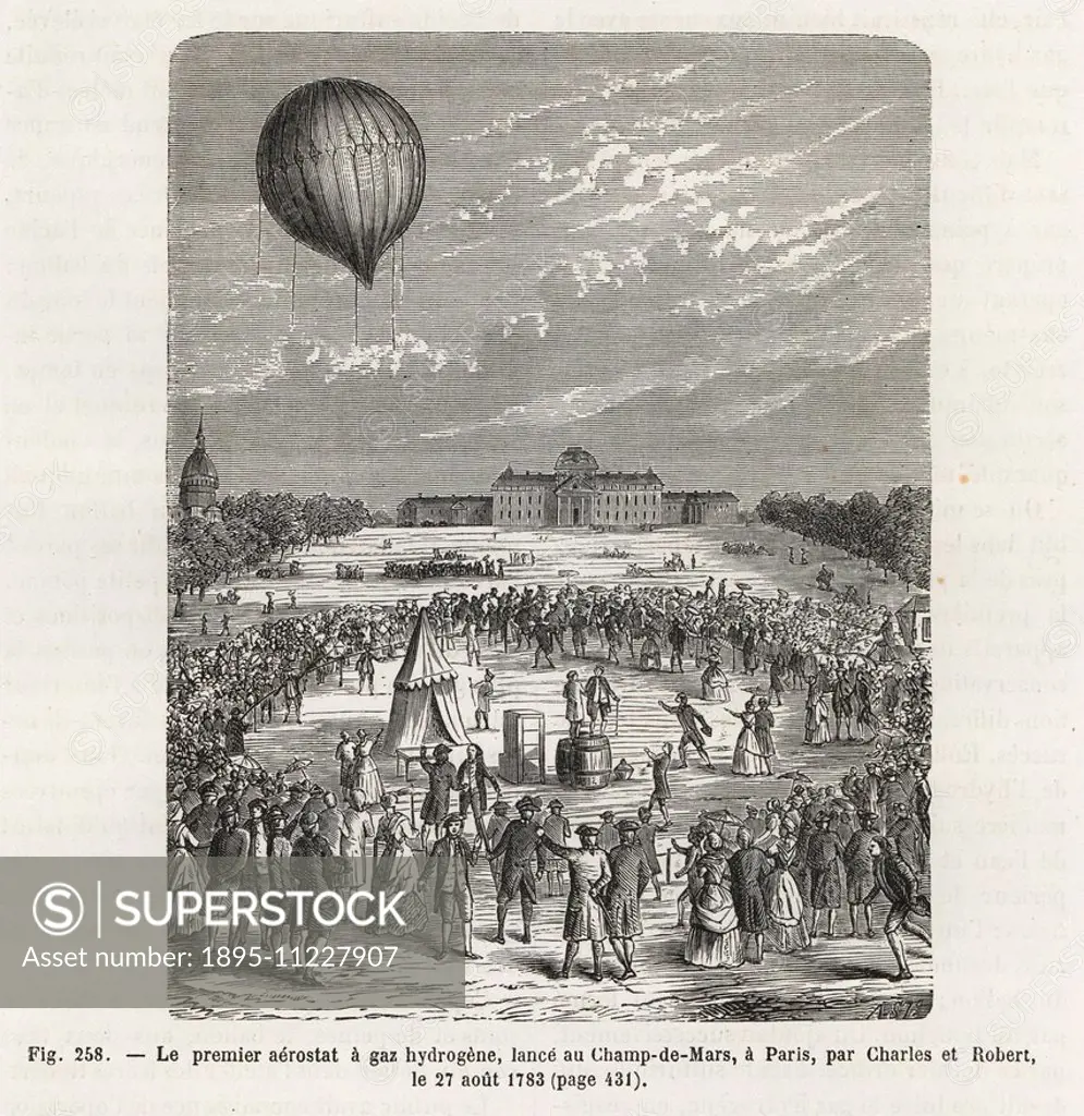 First flight in a hydrogen gas balloon by Professor Jacques Charles and the Robert brothers, Anne-Jean and Nicolas-Louis, August 1783. Woodblock engra...