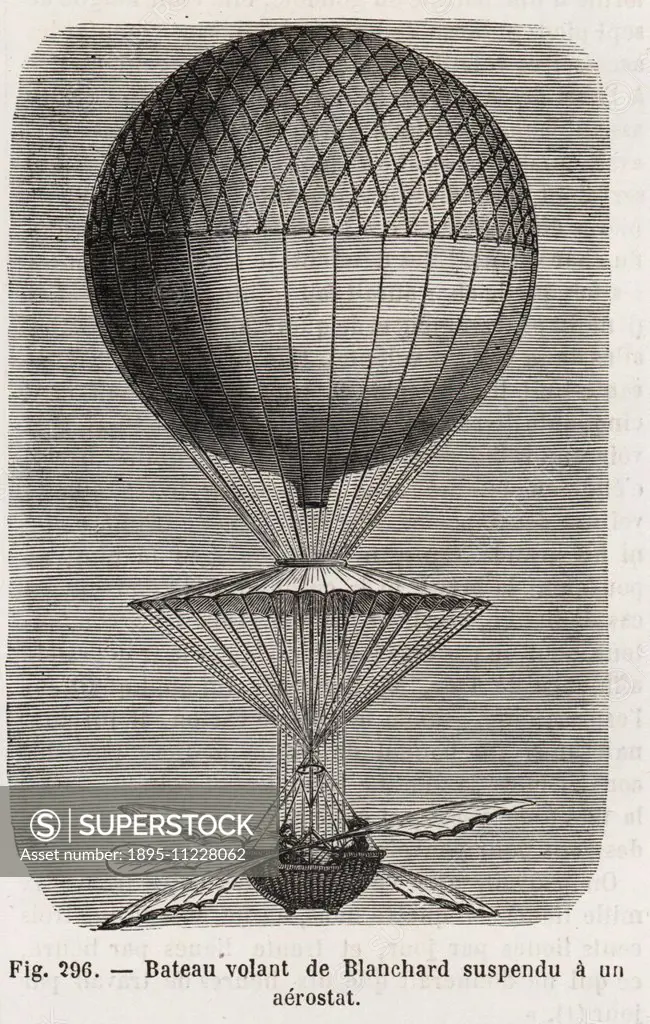 Jean-Pierre Blanchard's balloon with flying boat, wings and rudder. Woodblock engraving from Louis Figuier's Les Merveilles de la Science: Aerostats (...