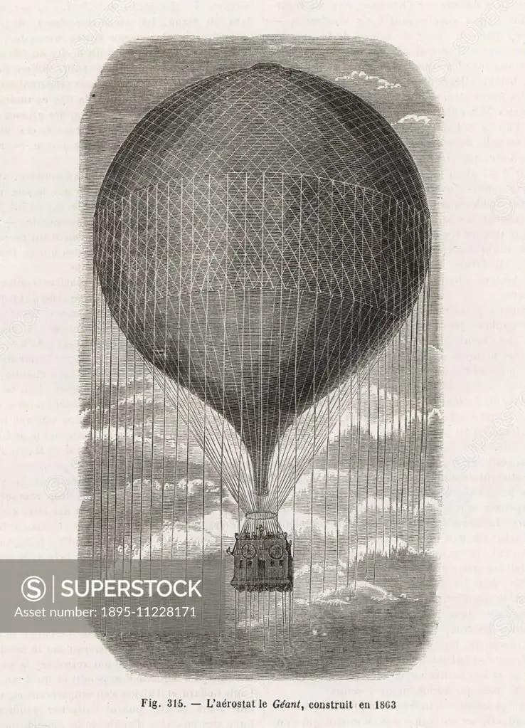 The Giant (le Geant) balloon, built in 1863 for Felix Nadar. Woodblock engraving from Louis Figuier's Les Merveilles de la Science: Aerostats (Marvels...