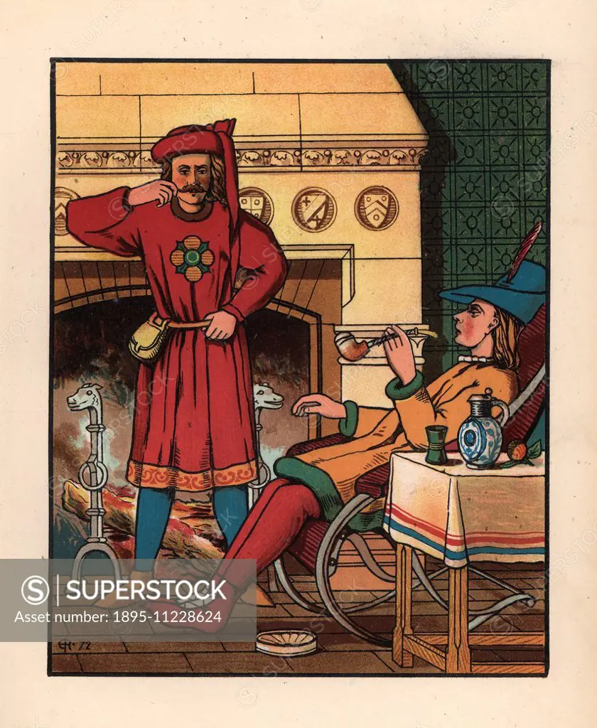 Medieval men smoking a pipe and drinking in front of the parlour fire. Handcoloured lithograph after an illustration by J. E. Rogers from Francis Cowl...