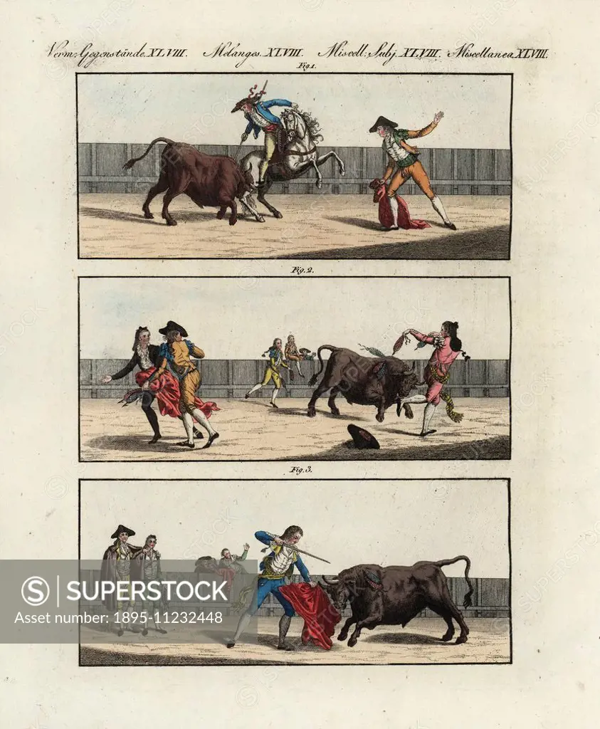 Spanish bullfight scenes: mounted picadors lance the bull 1, bandilleros stab the bull 2, and the matador delivers the death blow. Handcoloured copper...