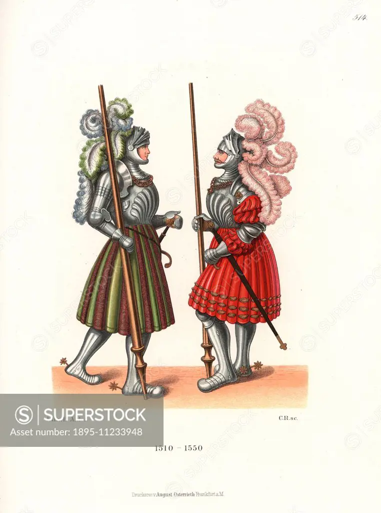 Knights in full armour, first half of the 16th century. They both wear  helmets adorned with plumes, full plate armour, slashed skirts and sleeves,  gau - SuperStock