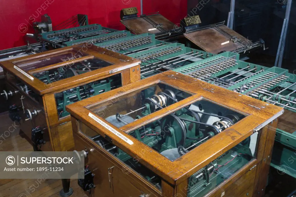 The machine shown is approximately half of the original differential analyser known as the Manchester machine. It was built by Douglas Hartree (1897-1...