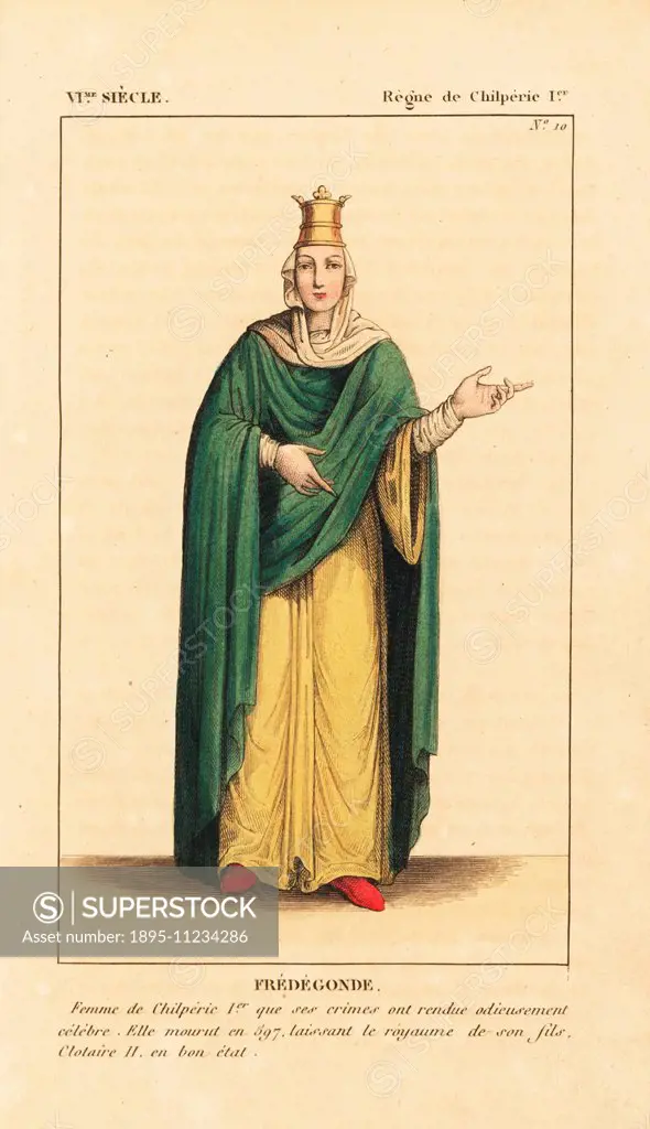 Fredegund, Queen consort of Chilperic I, Merovingian Frankish king of Soissons, died 597. She wears a crown over a veil, large cape and robe, scarlet ...