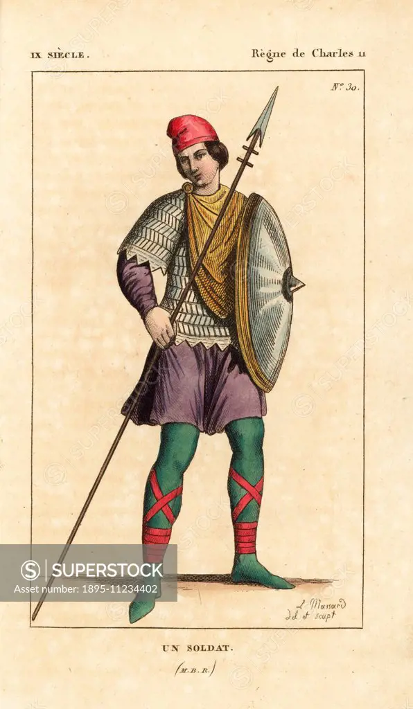 French soldier, 9th century. He wears a Phrygian cap, chlamys, short chainmail armour over a tunic, stockings and shoes laced to the calf. He carries ...