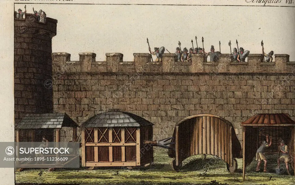 Roman siege engines: shelter for sappers digging a tunnel, Vineae 1, semi-circular shelter Pluteus 2, shelter Testudo with battering ram Aries 3, shel...