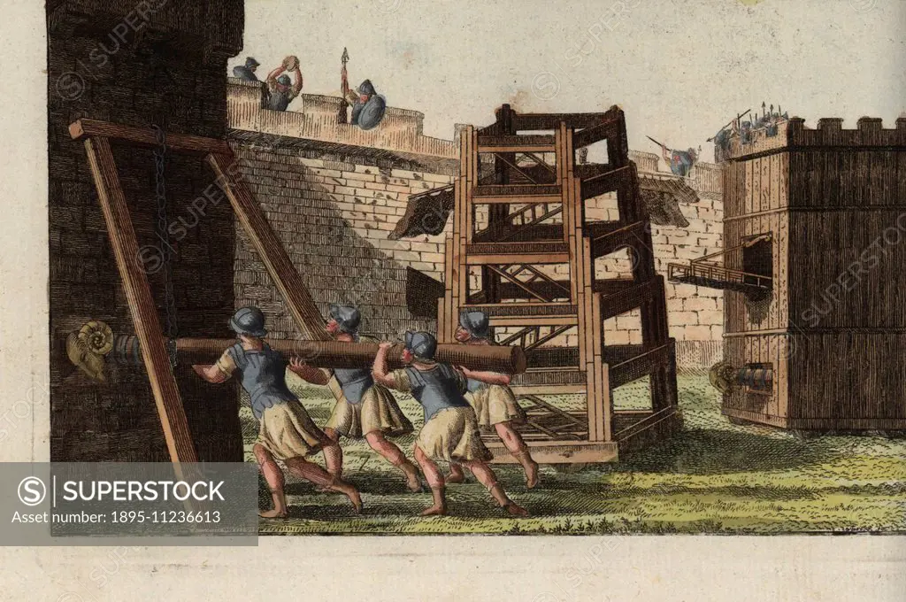 Roman siege engines: siege tower or the Taker of Cities, Helepolis 5, five-storey tower Sambucae 6, and battering ram on chains Aries 7. Handcoloured ...