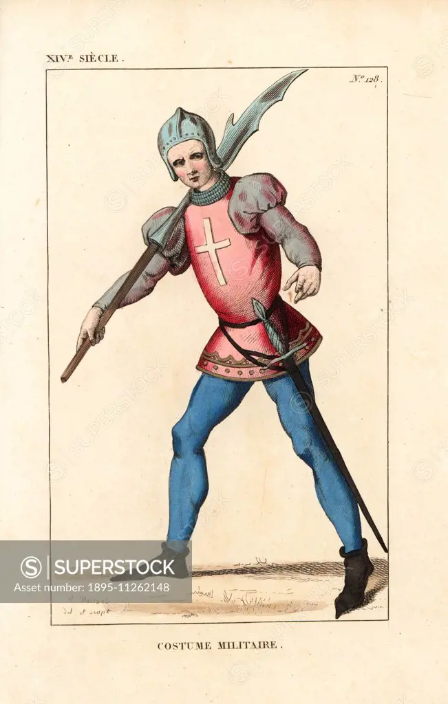 French soldier in the infantry of a crusading lord, 14th century. He wears a helmet, doublet with puff sleeves and white cross, chainmail cuirass, and...