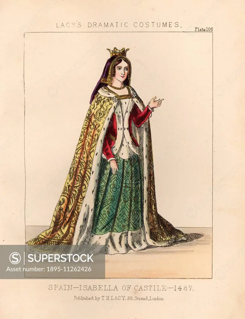 Isabella of Castile, Spain, 1487. She wears a crown over purple veil, gold cape lined with ermine, crimson jacket lined with ermine, green skirt. Hand...