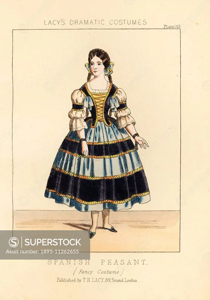 Spanish peasant, fancy costume, 19th century. Handcoloured lithograph from Thomas Hailes Lacy's Female Costumes Historical, National and Dramatic in 2...