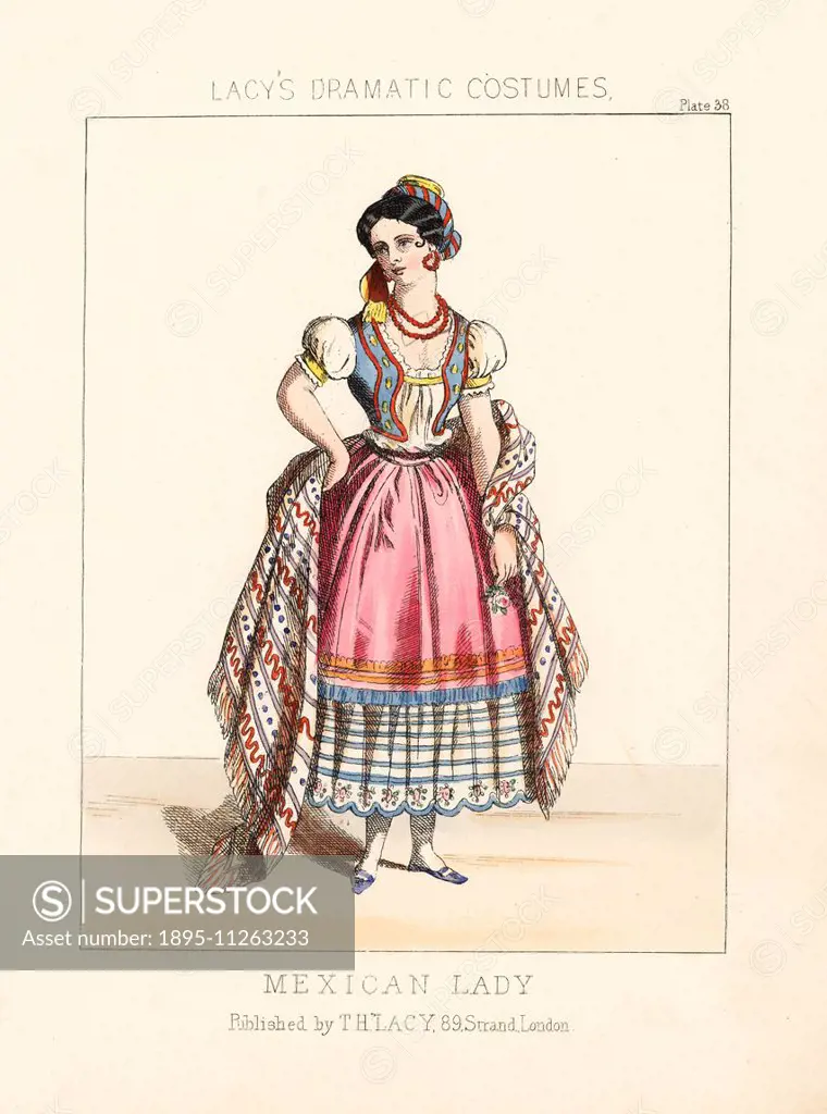 Costume of a Mexican lady, 19th century. Handcoloured lithograph from Thomas Hailes Lacy's Female Costumes Historical, National and Dramatic in 200 Pl...