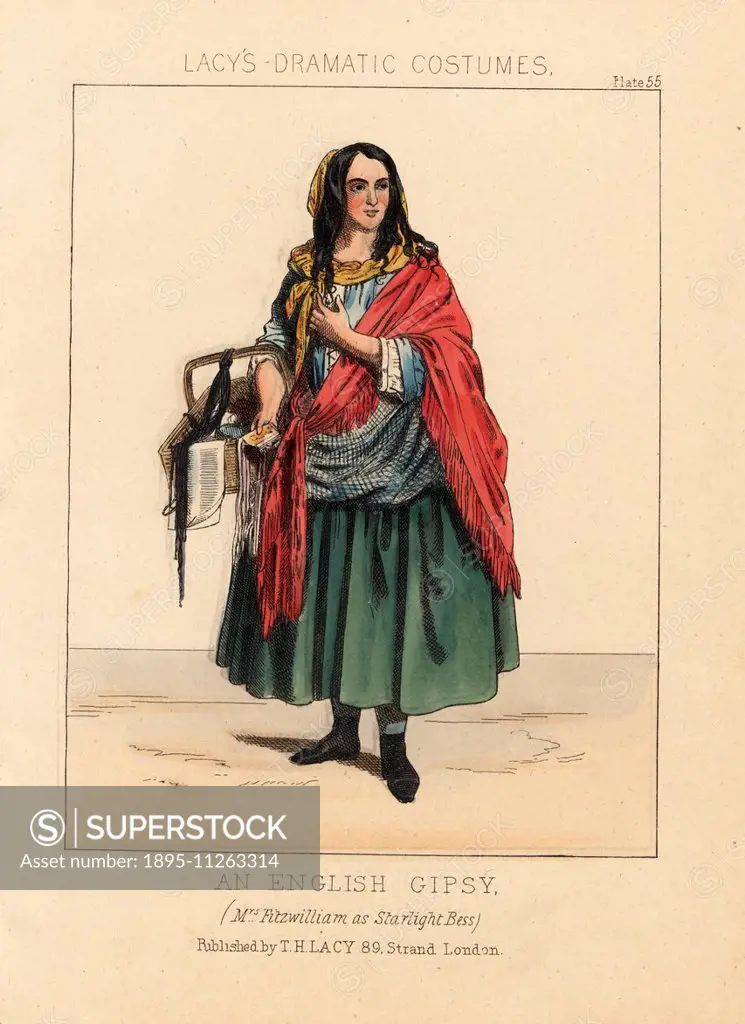 Actress Mrs. Frances Fanny Fitzwilliam as the gypsy Starlight Bess in the play Flowers of the Forest! A Gipsy Story, 1847. Handcoloured lithograph fro...