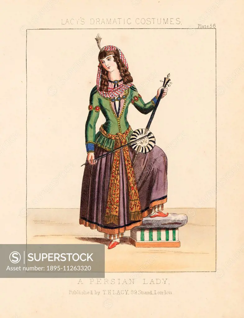 Persian woman playing a kamanche (violin), 19th century. Handcoloured lithograph from Thomas Hailes Lacy's Female Costumes Historical, National and Dr...