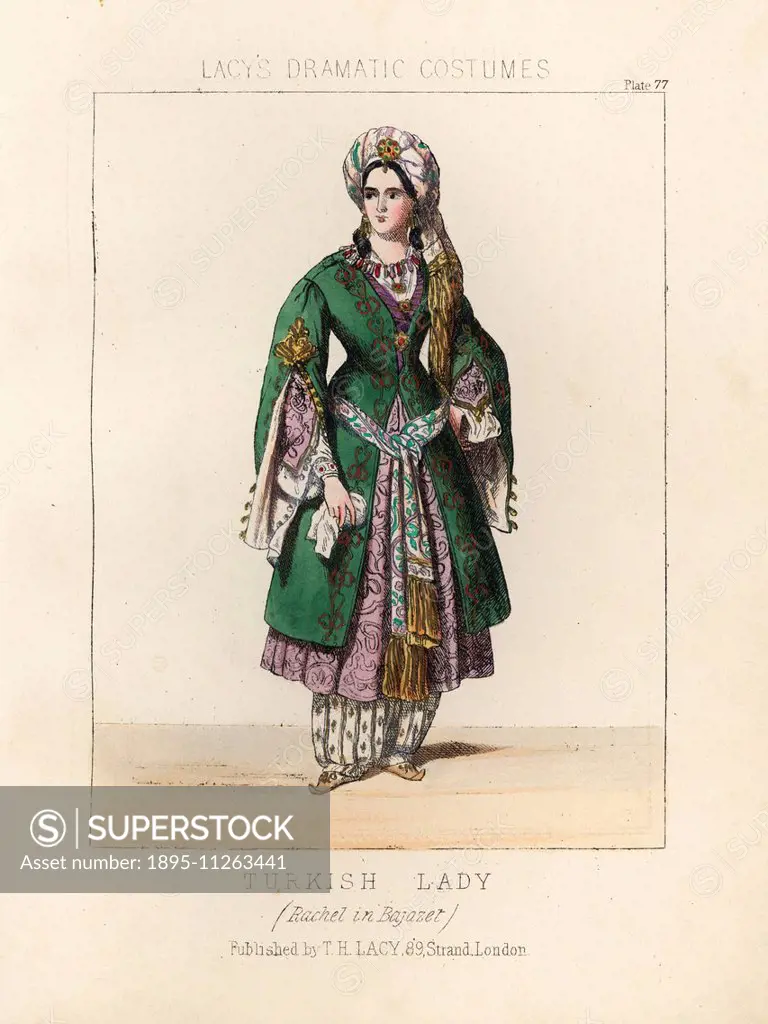 French classical actress Mademoiselle Rachel or Elisabeth Rachel Felix as Roxane, a Turkish lady, in Jean Racine's tragedy Bajazet, 1838. Handcoloured...