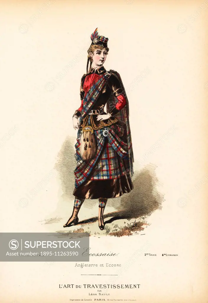 Costume of a Scottish woman, 19th century. Handcoloured lithograph after a design by Leon Sault from L'Art du Travestissement (The Art of Fancy Dress)...