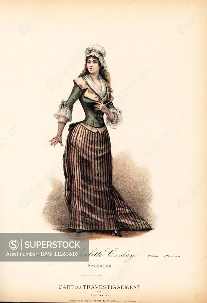 Costume of Charlotte Corday, French Revolutionary era. Assassin of Jean-Paul Marat. Handcoloured lithograph by A.E. after a design by Leon Sault from ...