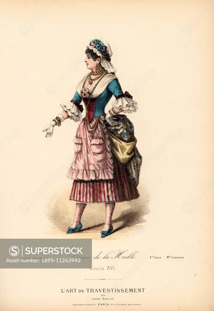 Fancy dress costume of a fishwife, 18th century. Silk lowcut caraco bodice, muslin fichu, flowery skirt, muslin apron, striped petticoat, lace bonnet....