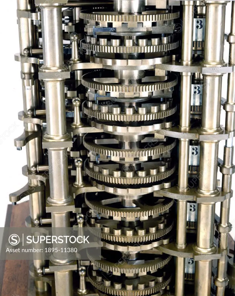 Side detail of Babbage´s Difference Engine No 1. British computing pioneer Charles Babbage (1791- 1871) first conceived the idea of an advanced calcul...