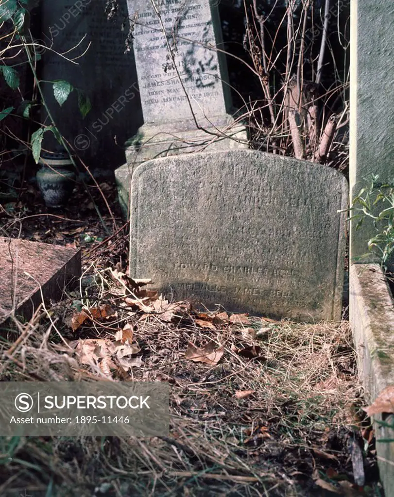 Headstone of Alexander Graham Bell, London, 1996.Headstone of Alexander Graham Bell 1847_1922 in Highgate Cemetery, London. After experimenting with v...