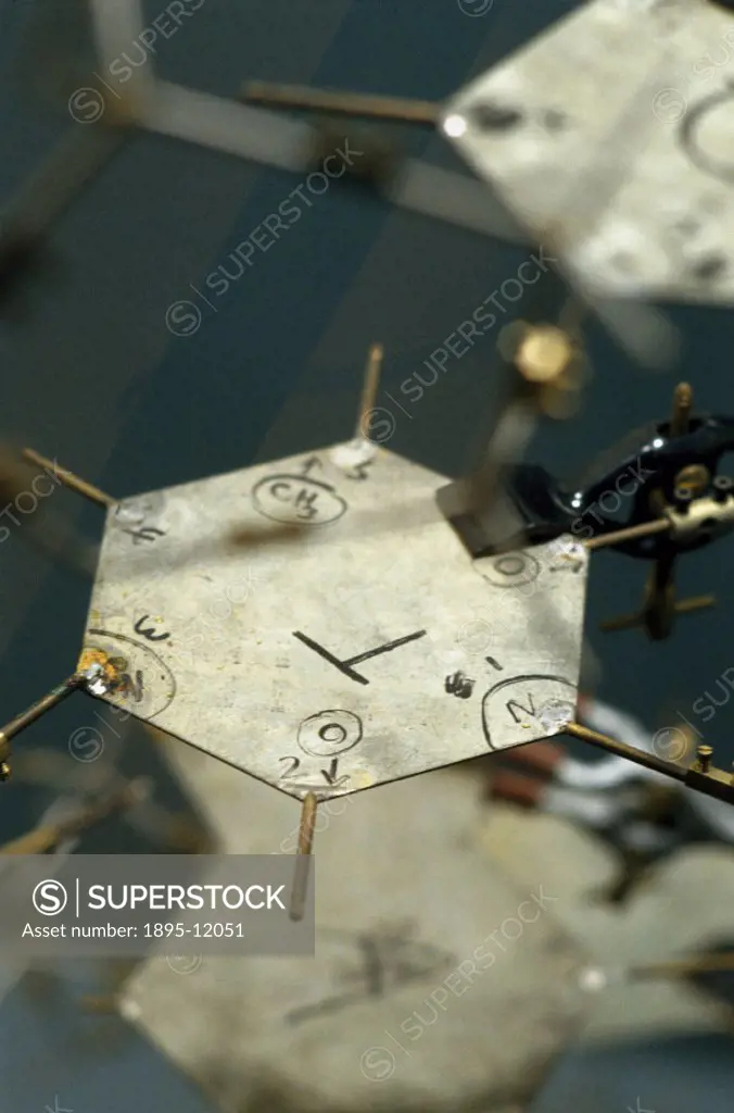 Detail of a single template. This reconstruction of the double helix model of DNA (deoxyribose nucleic acid) contains some of the original metal plate...