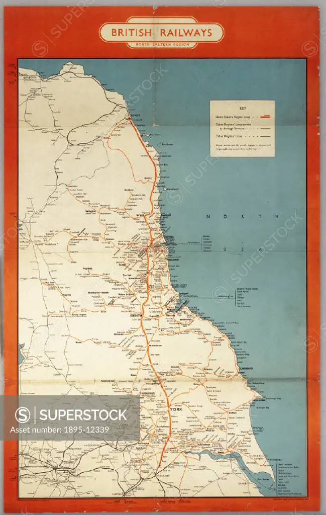 Map of North East Regional Network showing British Railways line from Doncaster up to Berwick via York. Published by Railway Executive (N/E Region), p...