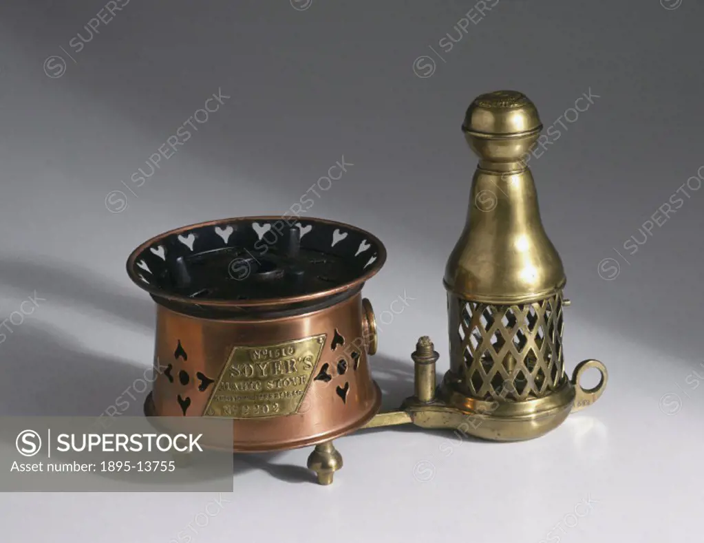 A portable spirit stove in which the methylated spirit is vaporised and ignited. Patented by Alexis Soyer and Alexander Symons in 1850 (patent no 2202...