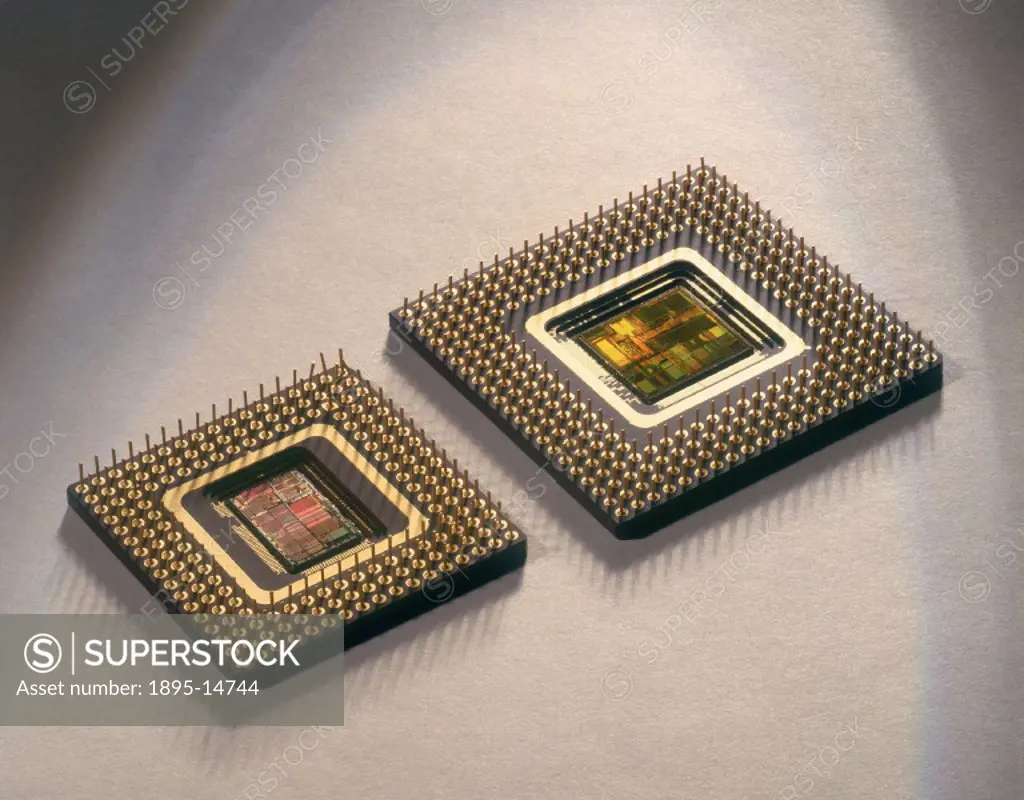 The Intel 486 microprocessor (left) was introduced in 1989 and marked a significant improvement in the processing capacity of computers over that of t...