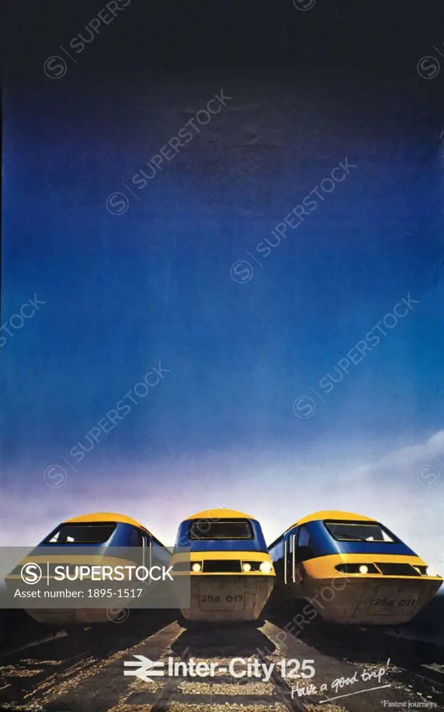 Poster produced by British Rail to advertise their express trains between York and London, showing three trains in foreground and deep blue sky in bac...