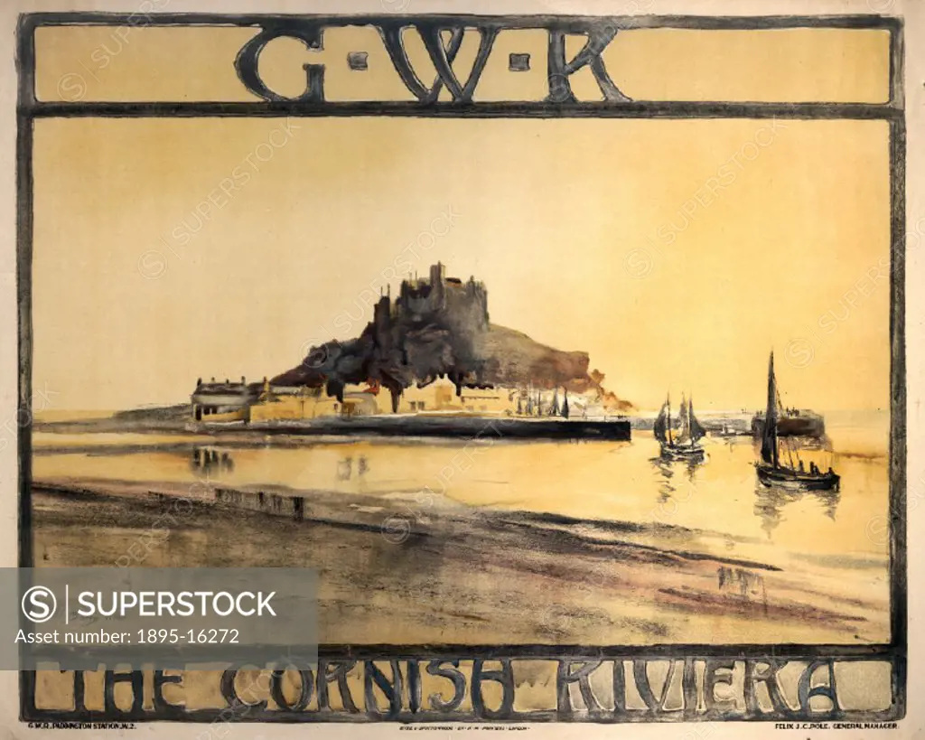 Poster produced for the Great Western Railway to promote St Michael´s Mount, and the Cornish Riviera in general, as a holiday destination. Artwork by ...