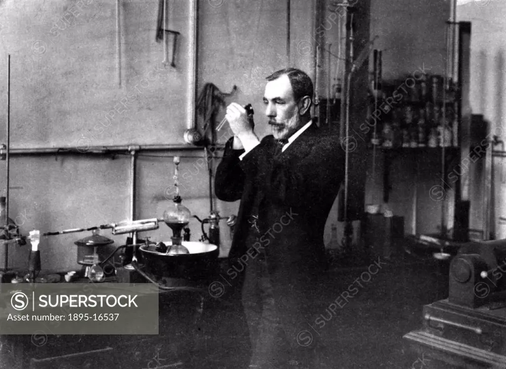 Sir William Ramsay is shown here in his laboratory in University College, London. Ramsay was professor of Chemistry in Bristol (1880-87) and at Univer...