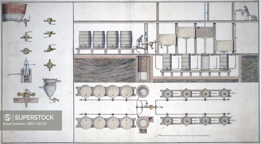 A schematic diagram showing the process of  brewing beer in a brewery,  viewed both in cross-section and from above, together with details of the vari...