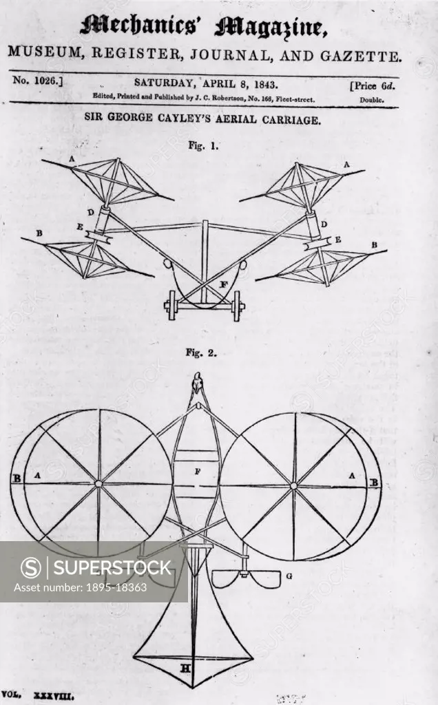 Illustration taken from ´Mechanics Magazine´(1843). Sir George Cayley (1773-1857), English amateur scientist and aviation pioneer was responsible for ...