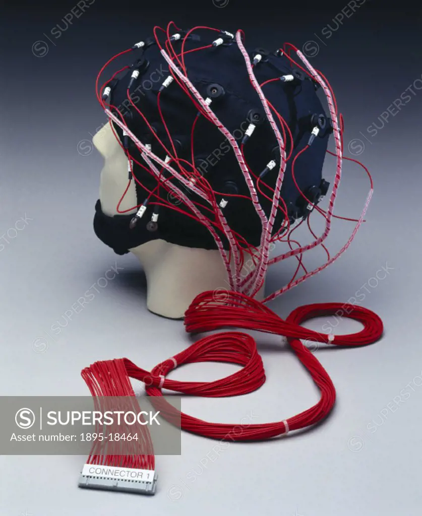 Made by Neuramedical supplies. The EEG cap detects brain activity by measuring electrical currents in brain cells.