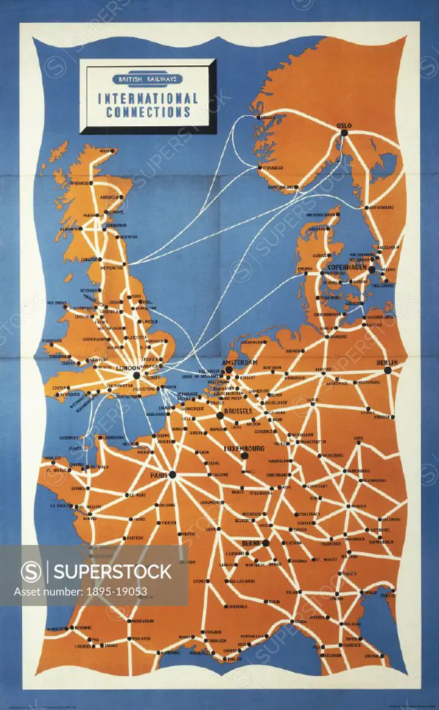 Poster produced for British Railways (Southern Region) featuring a map of the principle rail routes of North West Europe. Printed in Great Britain by ...