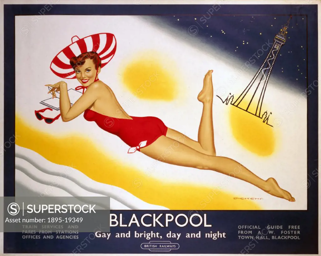 Poster produced for British Railways (BR) London, Midland Region to promote train services to the popular Lancashire seaside resort of Blackpool, show...