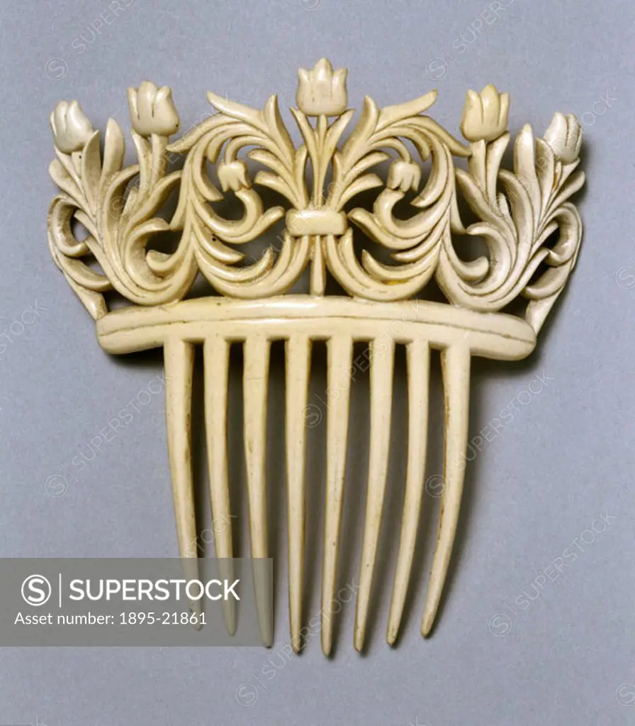 Imitation ivory hair comb, c 1862. Hair comb made of ivoride and xylonite by Daniel Spill.