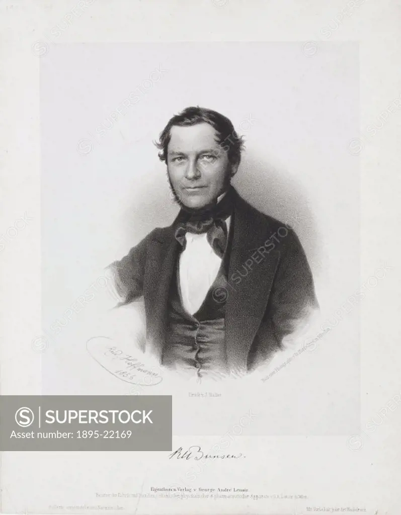 Lithograph by R Hoffmann after a photograph by F Hansstangel of ROBERT WILHELM BUNSEN (1811-1899) who pioneered spectrum analysis with Gustav Robert K...