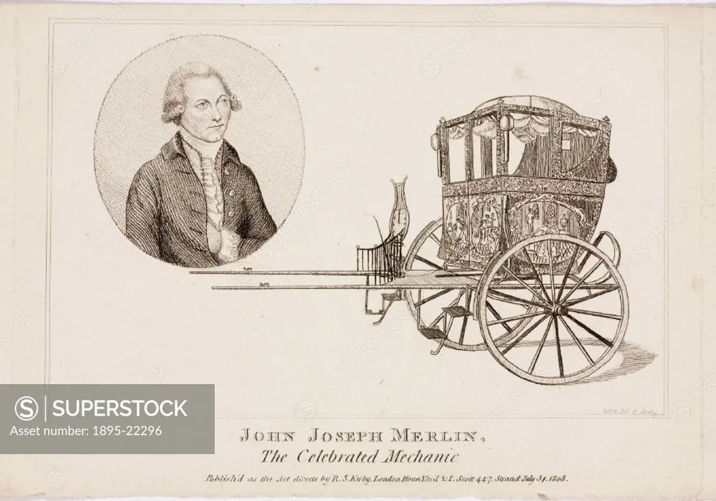 ´Engraving by G P H after his original drawing, showing a portrait of Merlin and an ornate two-wheeled carriage. John Joseph Merlin (1735-1803), the e...