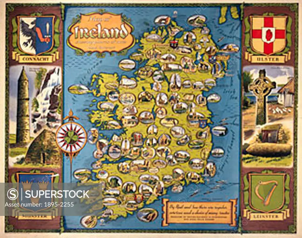 British Railways poster showing the map and the emblems of four counties in Ireland. Artwork by D W Burley.