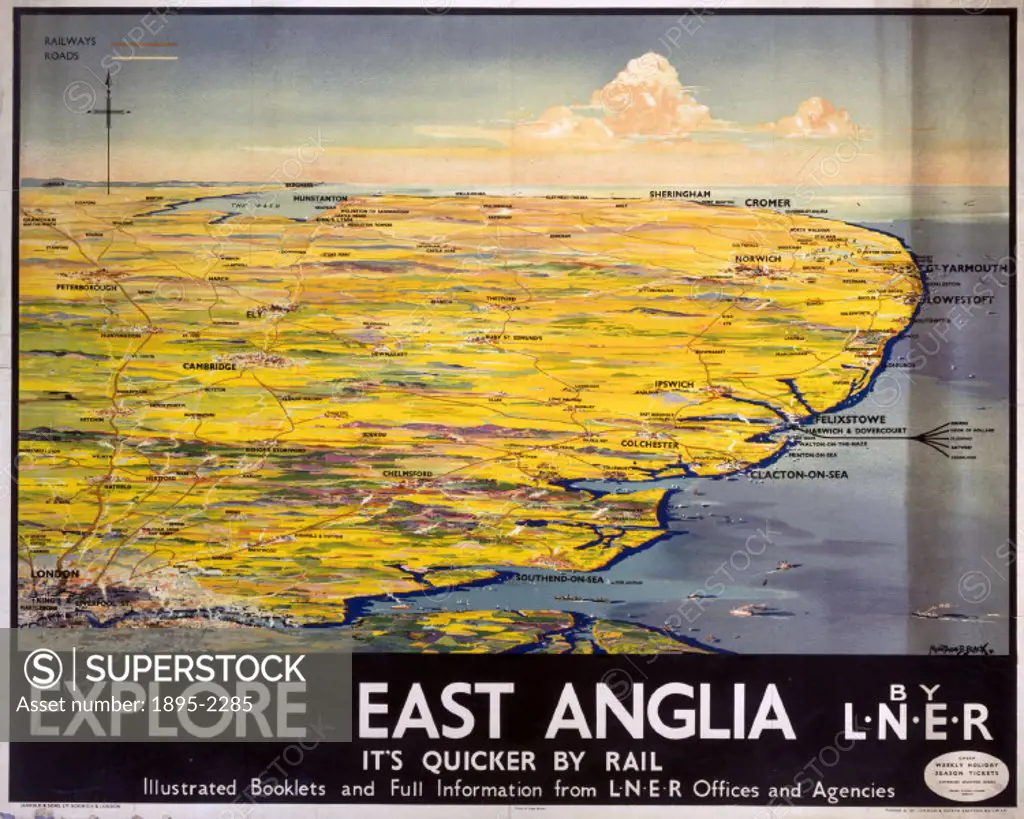 Poster produced for London & North Eastern Railway (LNER) to promote rail travel to and within East Anglia. The poster shows a map of the area, with b...