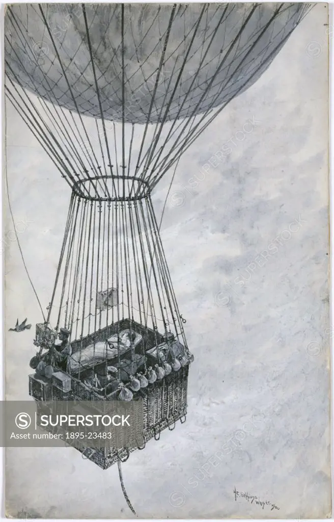 Wash drawing by Seppings Wright showing a balloon in flight. One of three original wash drawings showing military balloons used for observation purpos...