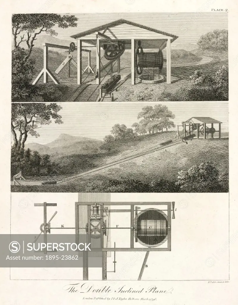 Engraving after a drawing by inventor Robert Fulton (1765-1815) entitled The Double Inclined Plane’, from his ´A treatise on the improvement of canal...