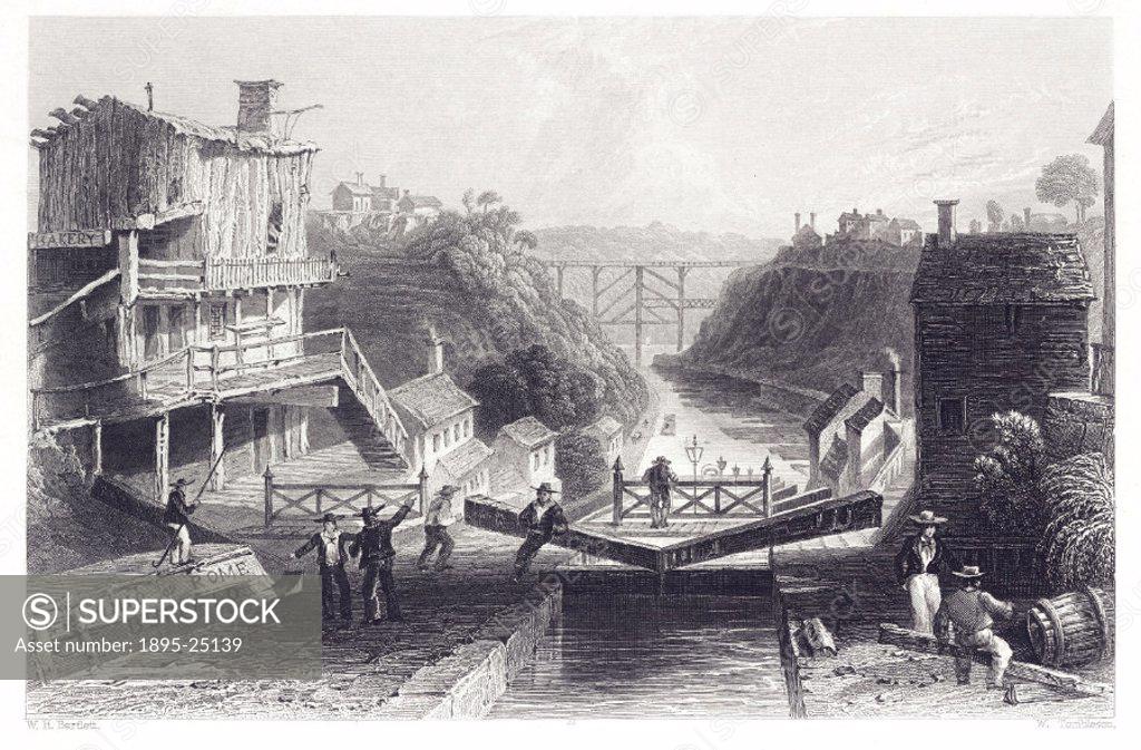 Steel engraving by William Tombleson showing a lock on the Erie Canal ...