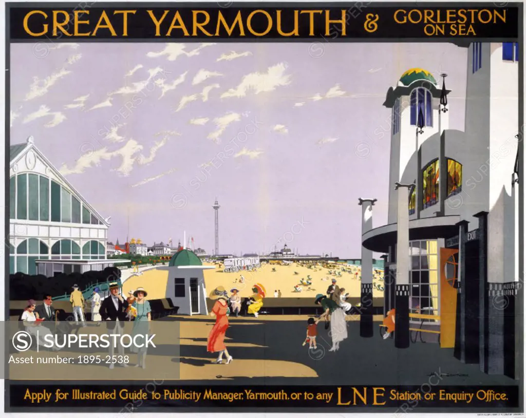 Poster produced for London & North Eastern Railway (LNER) to promote rail services to Great Yarmouth and Gorleston-on-Sea in Norfolk. Artwork by Henry...